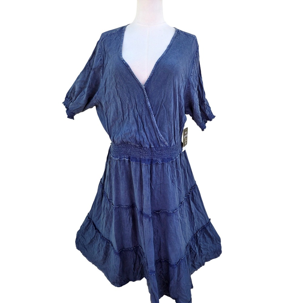 Mlle‎ Gabrielle Tiered Midi Dress Womens 2X Blue Smocked Waist V-Neck